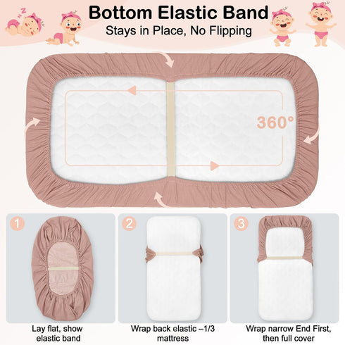 2 Pack Baby Bassinet Sheets TPU Waterproof Soft Muslin Bedside Bassinet Mattress Sheets with Bottom Elastic Band