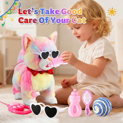 Marsjoy Set Rainbow Walking Cat Toy for Kids Kitty Toys for Girls Kitten that Talking Meows Singing Dancing Repeat What
