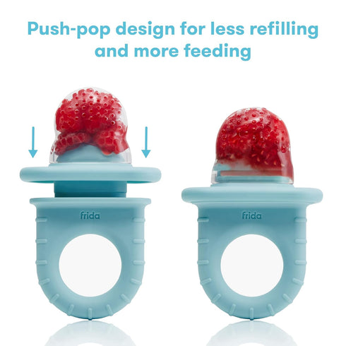 Frida Baby 3 Count Push Pop Feeder, Silicone Baby Fruit Food Feeder for Fresh + Frozen Foods, BPA Free, Blue