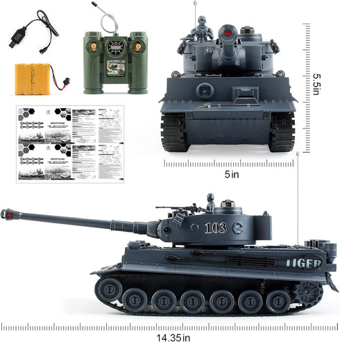 RC Tanks, 1:28 WW2 German Tiger Army Tank Toys, 9 Channels Remote Control Vehicles with Sound Light for Boys Girls
