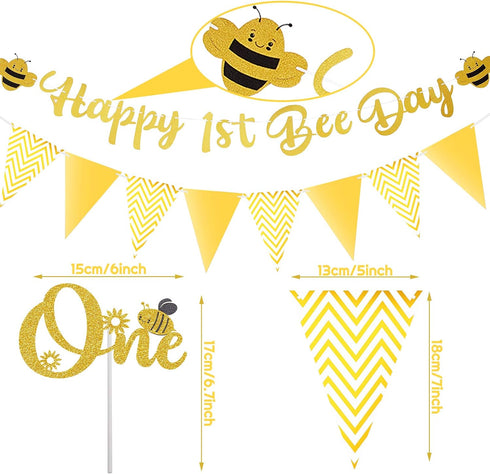 Tatuo Happy 1st Bee Day Party Decorations, Gold Glitter Banner and Cake Topper for First Birthday Supplies