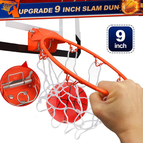 Pro Indoor Basketball Hoop for Door, Over Door with Large 9 Inch Dunk Rim, 4 Mini Replacement 6" Basketballs