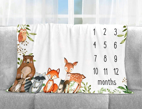 Woodland Baby Monthly Milestone Blanket, Woodland Animals Baby Growth Chart Monthly Blanket, Watch Me Grow Baby Woodland Forest Nursery for New Moms Baby Shower, includes Marker (50"x40") by Yuzioey