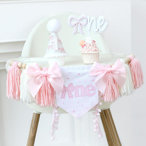 1st Pink Bow Birthday Highchair Banner Decorations Wood Bead Tassel Garland Cone Hat Wooden Cake Topper For Baby Girls
