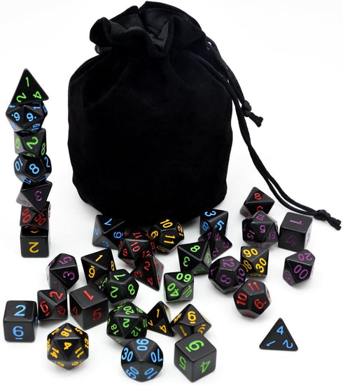 5 Sets New Black Polyhedral Dice with Satin-Lined Velvet Bag for Dungeons and Dragons DND RPG MTG
