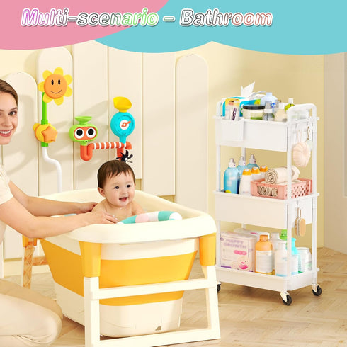 3 SUNALLY Baby Diaper Caddy Cart, Tier Rolling Diaper Cart with Lockable Wheels for Nursery Essentials, Large Capacity