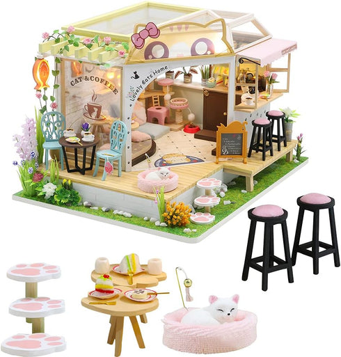 WonDerfulC Cat Cafe Wooden Miniature Dollhouse Kit DIY Pet Coffee Shop Model with Furniture, LED Light, Music Box (No
