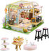 WonDerfulC Cat Cafe Wooden Miniature Dollhouse Kit DIY Pet Coffee Shop Model with Furniture, LED Light, Music Box (No