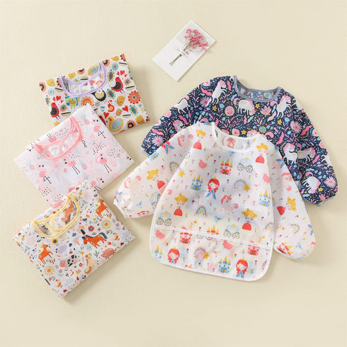 5pcs Long Sleeve Waterproof Bib Set - Full Coverage Apron Bibs with Pocket for 6-30 Months