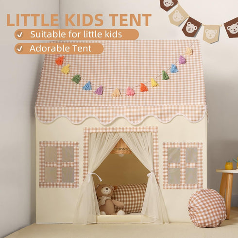 Kids Play Tent Indoor: with Brown Checkered, Mat, Rainbow Tissue Garland, Star Lights - Girl Tent Indoor Playhouse