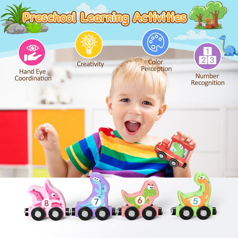 11 Magnetic Wooden Dinosaur Train Set, Montessori Educational Toys for Toddlers, Birthday Gifts for Kids