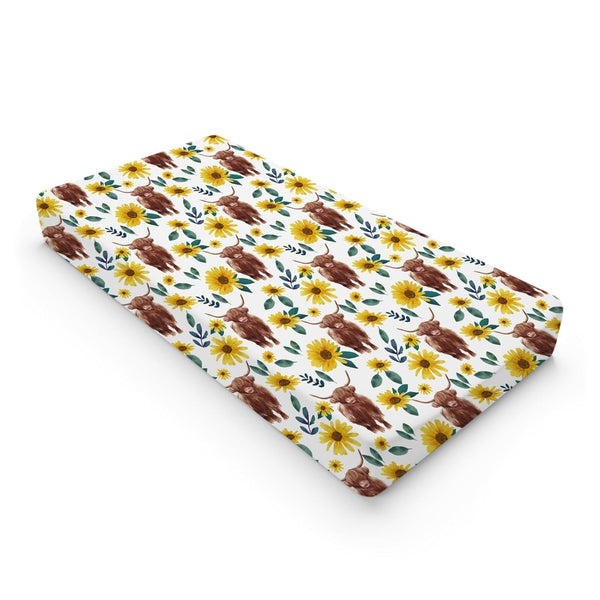 Highland Cows Boho Sunflowers Changing Pad Cover, Cute Yak Floral Diaper Sheets, Soft Breathable Stretchy Mats 32''x16''