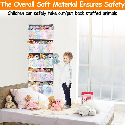 Soft Corner Shelf Toy Storage Organizer, Wall Mount Child-Friendly Organizer for Kids Bedroom with 5 Large Mesh Pockets