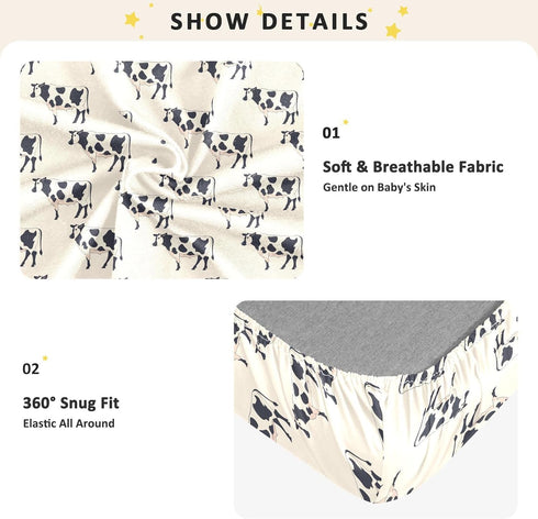 miaozhen 1 Pack 52x28 Cotton Crib Sheets for Baby Boys Girls Comfy Breathable Illustration Cow Ivory Muslin Toddler