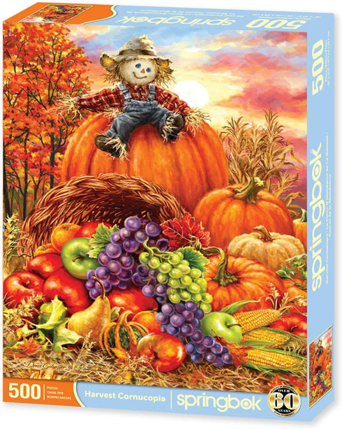 Springbok - Harvest Cornucopia - 500 Piece Jigsaw Puzzle - Colorful pumpkin, scarecrow and thanksgiving cornucopia illustration