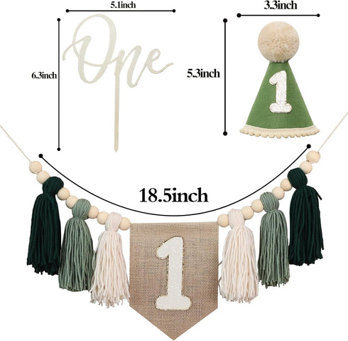 No.1 1st JUIIZAY First Birthday Party Decorations Green High Chair Banner Crown Cake Topper Birthday Decor