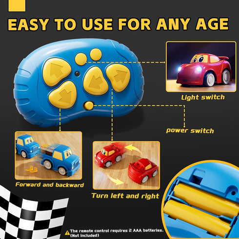 WATUDOU 1-3 2-4 3-5, 2 Pack 2.4 2 3 4 5 6 Remote Control Car for Toddlers Cartoon GHz RC Cars for Kids, Electric Hobby