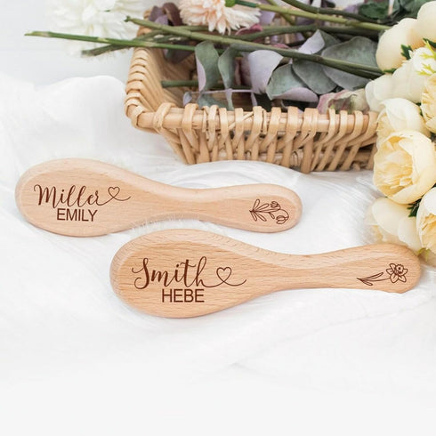 ZYMECH Set Personalized Baby Hairbrushes Natural Wooden Hairbrush Baby Brush for Newborns Custom Birthday Flower