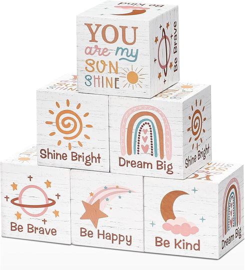 Vertintong 6 Pcs 1.6 Inch Inspirational Boho Rainbow Nursery Decor Baby Wooden Blocks