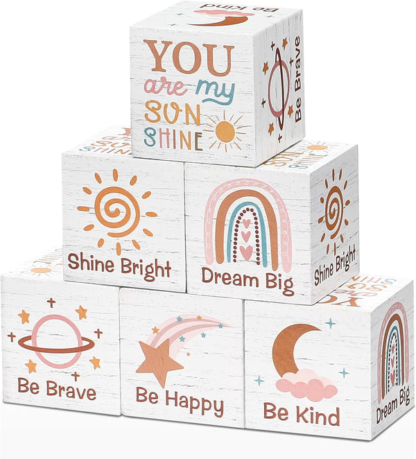 Vertintong 6 Pcs 1.6 Inch Inspirational Boho Rainbow Nursery Decor Baby Wooden Blocks