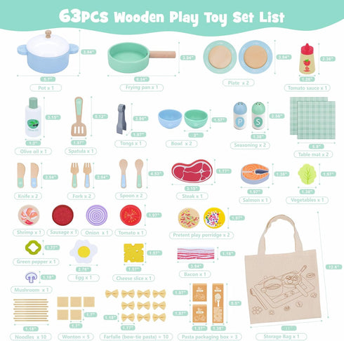 63PCS Set, Set, Sets SIMPLIPLAY Wooden Play Cooking Play Kitchen Accessories, Montessori Kitchen Play Food for Kids