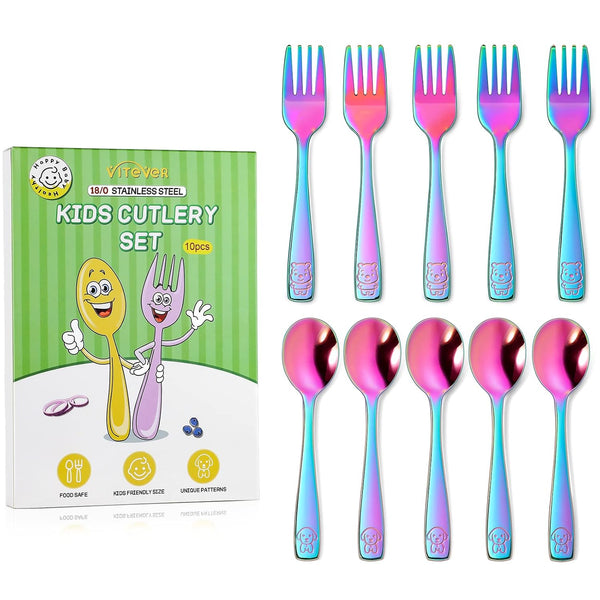 VITEVER 10 Pack Toddler Utensils, Stainless Steel Rainbow Silverware Set for Kids, Includes Forks and Spoons,