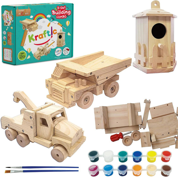 Kraftic Woodworking Building Kit for Kids and Adults, 3 Educational DIY Projects - Tow Truck, Birdhouse, Dump Truck