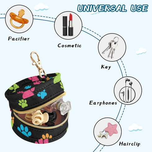 PYBUG Paw Print Round Pacifier Storage Case, Polyester & TPU Lined with Hook Buckle, Pacifier Container Box for Baby