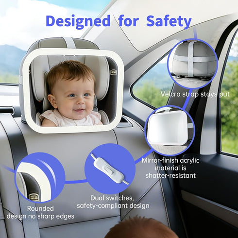 BeeChip 360 Baby Car Mirror with Remote Control Light, Shatterproof, Adjustable Wide View with Night Vision, Easy