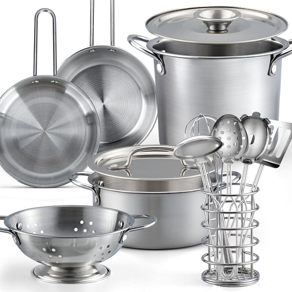 13Pcs Kids Pretend Play Kitchen Accessories Pots and Pans Playset, Stainless Steel