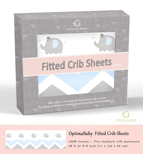OptimaBaby 2 Count Elephant Chevron Fitted Crib Sheets, Blue