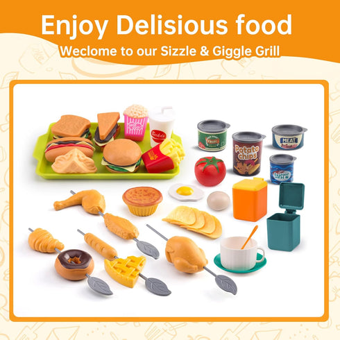 Zero Zoo 120Pcs Playset Mini Play Kitchen Accessories, Kids Pretend Cooking with Desserts, Cuttable Veggies & BBQ