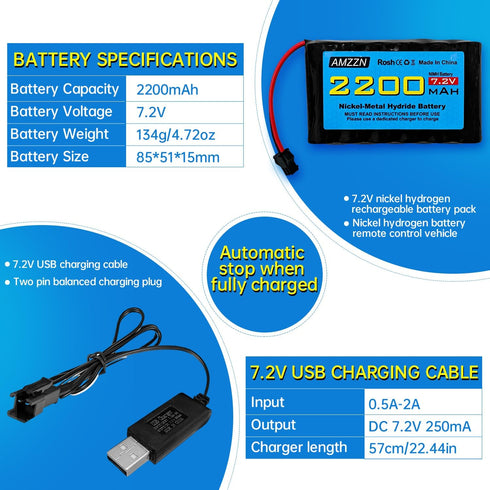 7.2V 2200mAh AA NiMH Battery with SM-2P Plug and USB Charging Cable for Huina 1550 550 RC Excavator, Car, Truck