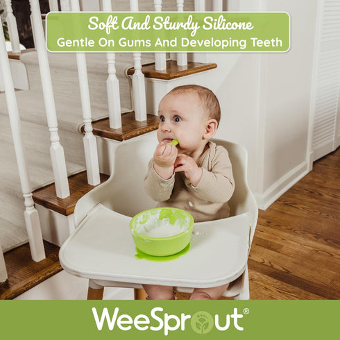 WeeSprout Baby Spoons for Self Feeding, 3 Pack Soft & Chew Proof Silicone Utensils for Little Hands