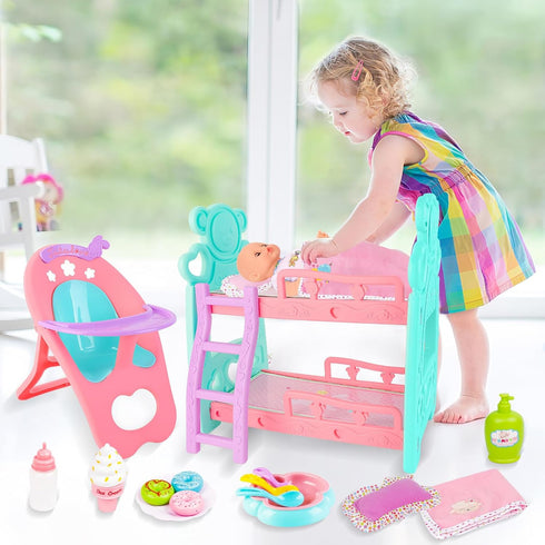 12 13 14 Inch,Great deAO Baby Doll Accessories Bunk Bed Crib & High Chair,Doll Furnitures Toy Bed Doll Crib for Twin