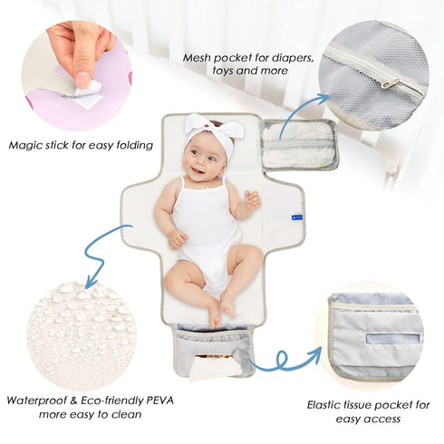Jihqo Diaper Changing Pad Cute Bows Pink Portable Diaper Mat with Built-in Pillow Travel Changing Station for Baby