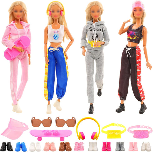 16 Pcs Doll Clothes and Accessories Including Multiple Styles Sports Suit Tops Pants Sun Hat Pocket Scooter Sunglasses Headset with 5 Shoes for 11.5 inch Girl Dolls