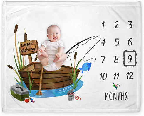 Fishing Baby Monthly Milestone Blanket, Gone Fishing Growth Chart Photo Blanket, Includes Marker, 50"x40"