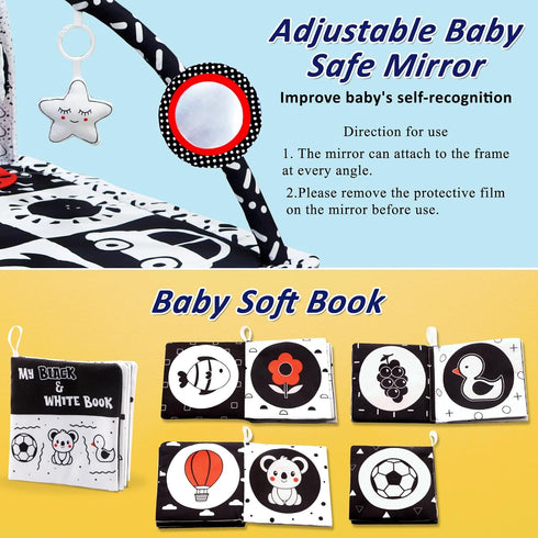 6 Tummy 0-6 6-12 Poycuna Black and White Baby Gym Play Mat with Toys Time Activity Mat for Babies Months High Contrast