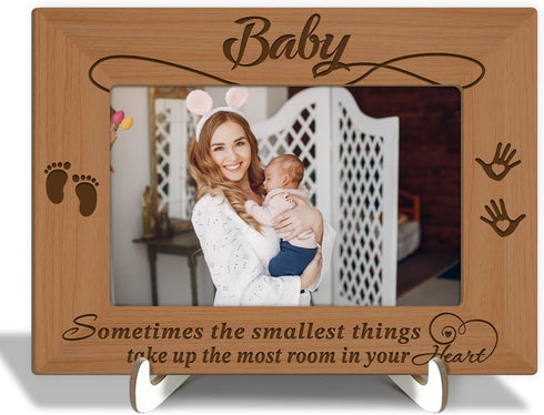 Wood Picture Frame with Wood Stand, Footprint Photo Frame Tabletop Display for Baby, Gift for Pregnant Mom New Dad,