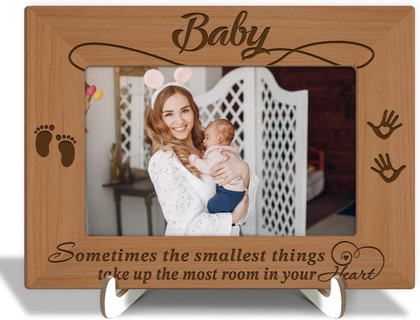 Wood Picture Frame with Wood Stand, Footprint Photo Frame Tabletop Display for Baby, Gift for Pregnant Mom New Dad,
