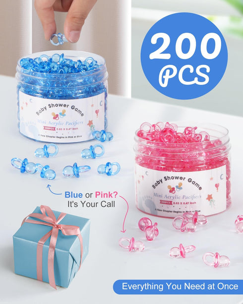 DUIJINYU 200PCS 0.83 Inch Mini Acrylic Pacifiers for Baby Shower Games, Clear Blue Pacifiers Bulk, Chupones para Gender