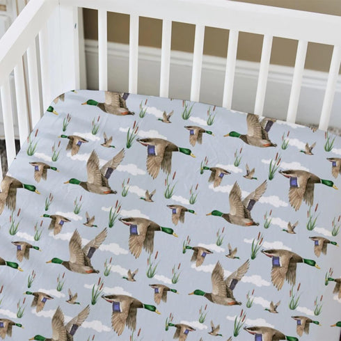 52" 28" HawSkgFub Duck Hunting Mallard Hunter Fitted Standard Crib Sheet for Baby Boy, Wild Animal Bird Reeds Blue