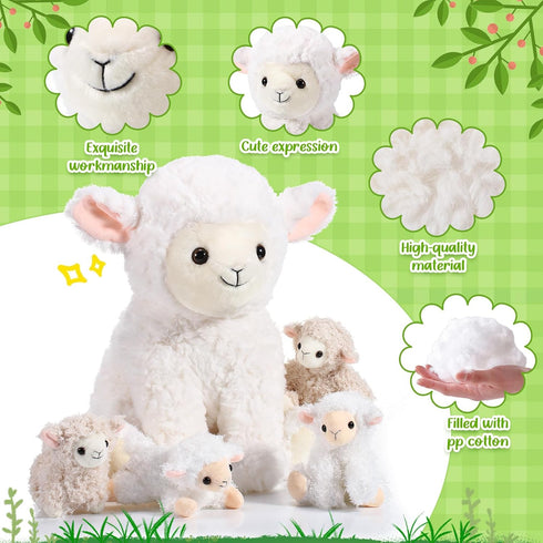 Lenwen 5 Pcs Lamb Stuffed Animal Set, 14 Inch Mommy Lamb Plush with 4 Cute Babies for Nursery Decor