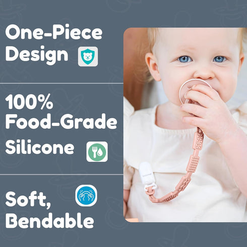4 Silicone Pacifier Clip with Teething Textures, One-Piece Patented Design, Dishwasher Safe, Secure Plastic Clip, Fits