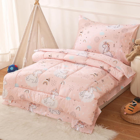 Set, 4 Set, JSD Pink Unicorn Toddler Bedding Piece Bed-in-a-Bag Toddler Microfiber Comforter Sheet All Season Machine