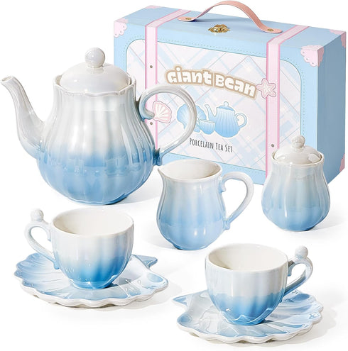 Giant bean Porcelain Tea Set, Gradient Blue Real Tea Party Set for