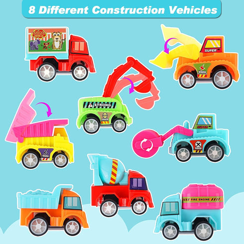 32 Pack Sets Valentines Day Gifts for Kids, Trucks Valentines Day Cards for Kids with Construction Vehicles Toys, Pull