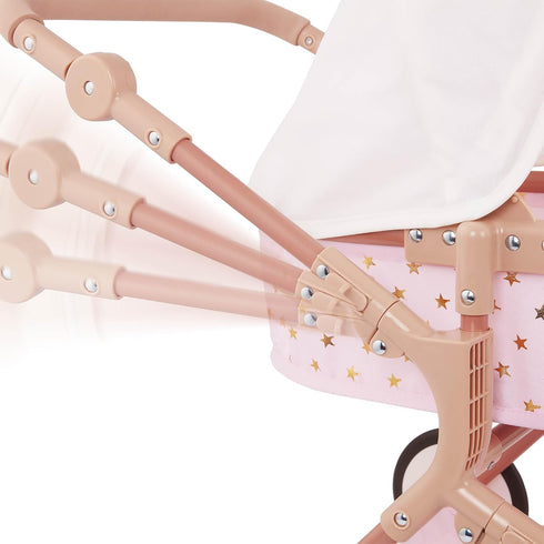 14-Inch 2+ LullaBaby Accessories Pink Toy Stroller with Gold Stars for Twins Foldable Canopy, Swivel Wheels & Storage