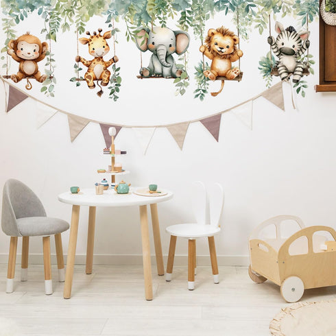 Jungle Animal Wall Decals,Jungle Animals Monkey Elephants, Lions, Zebras, Giraffes Vine Leaves